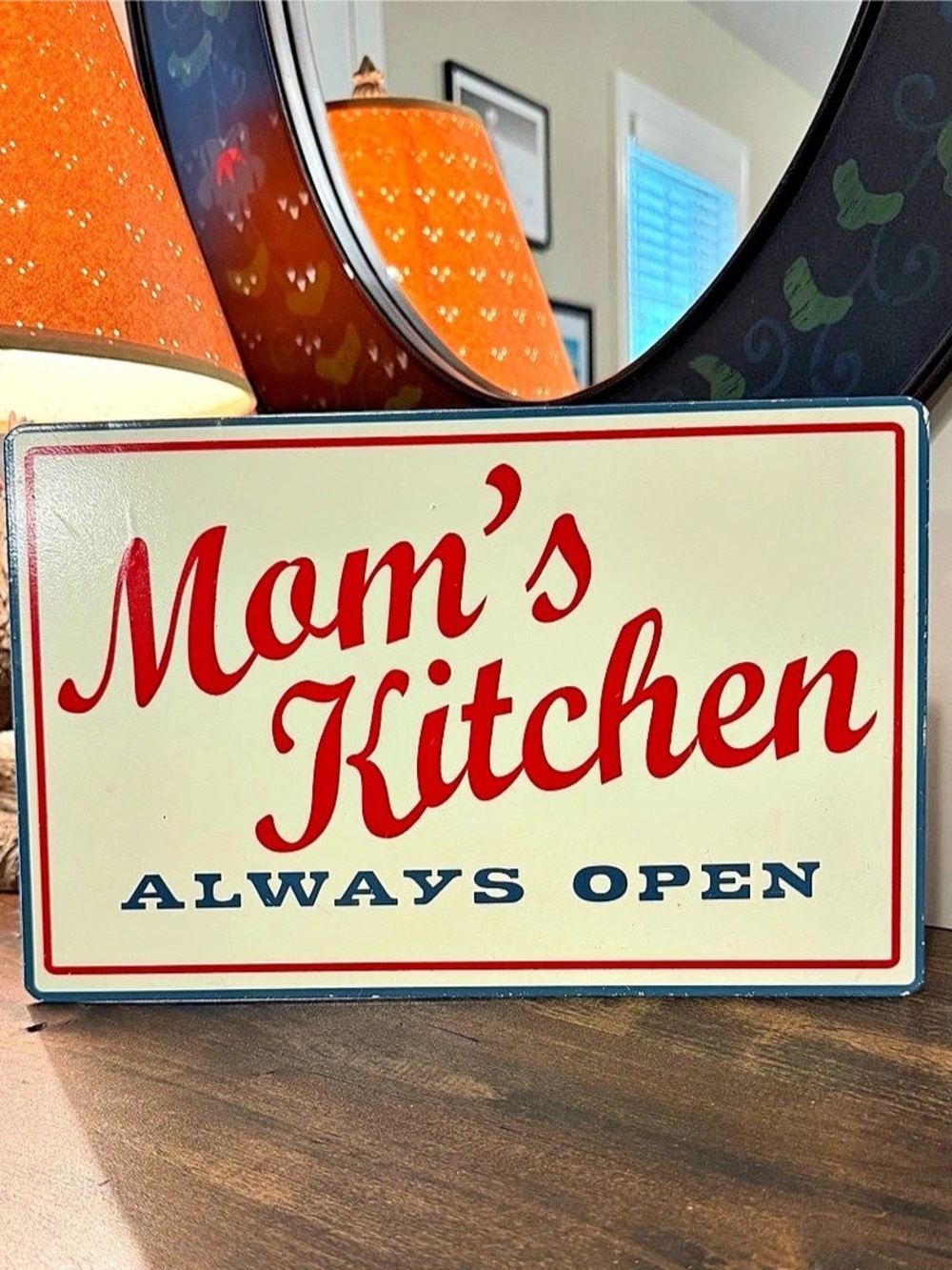 Mom's Kitchen Always Open Wall Sign in White & Red
